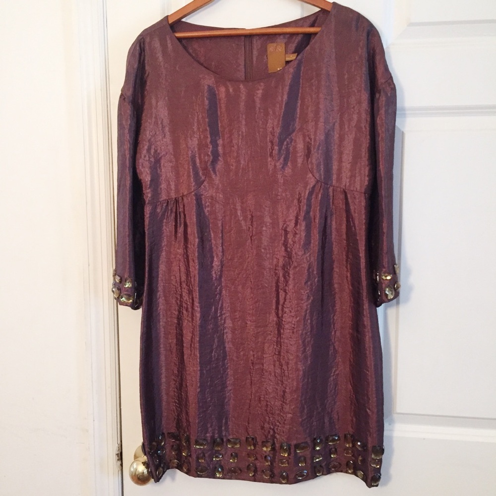 Ali Ro Brown Metallic Shift Dress Beaded Sz 6